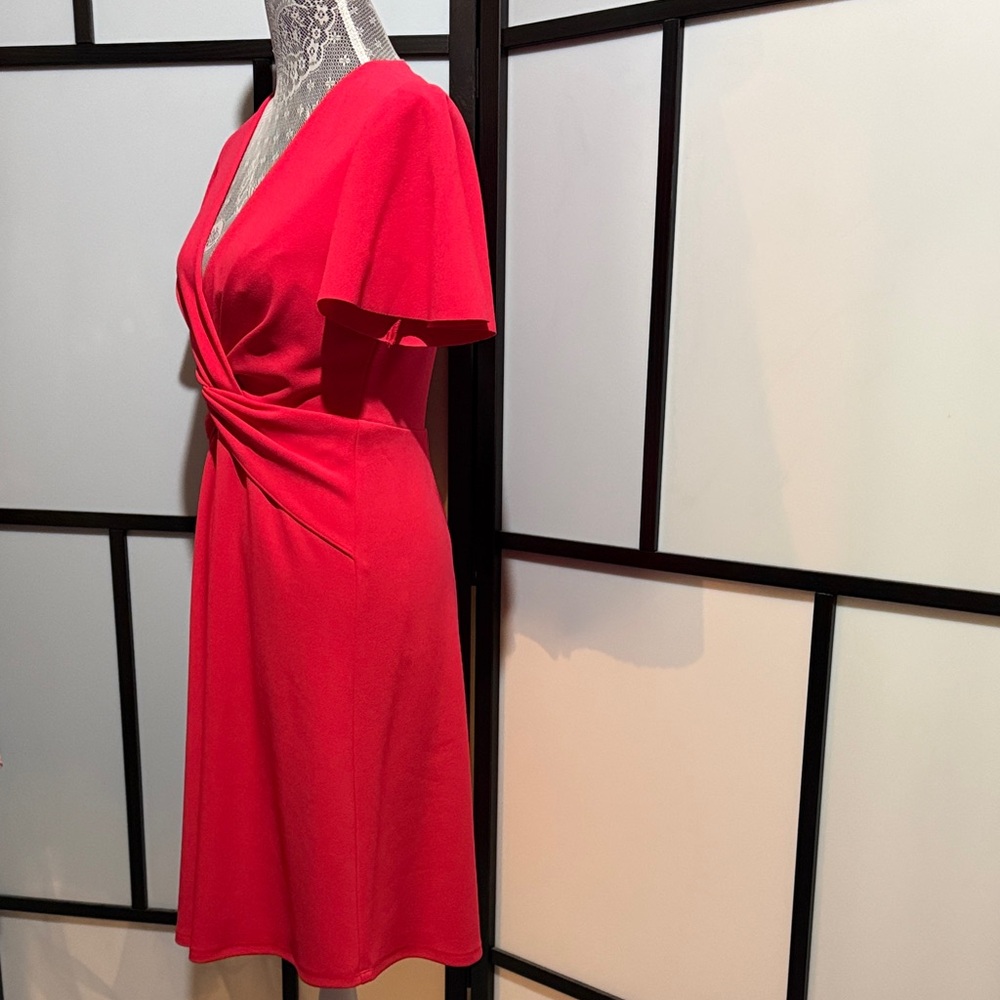 Maggy London Coral-Red Twist Front V-Neck Midi Dress - Picture 2 of 5